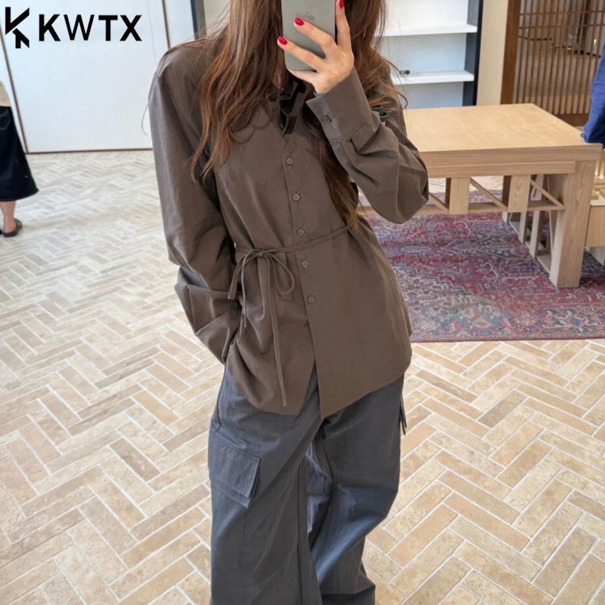 

KWTX Women's 2 Piece Shirt Set V-Neck Lapel Tie Waist Single Breasted Chic Slim Fit Spring Summer Casual Lightweight Designer