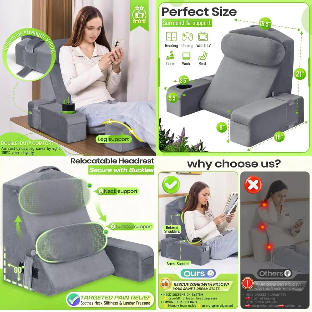 

Подушка для чтения на кровати со съемными подлокотниками, встроенным подстаканником и держателем для телефона, серая, 21