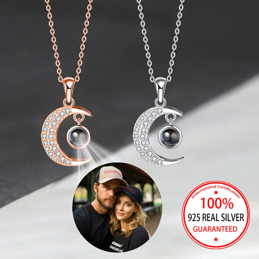 

925 Sterling Silver Custom Photo Projection Luxury Moon Pendant Necklace Sexy Accessories For Women Personalized Jewelry Gift