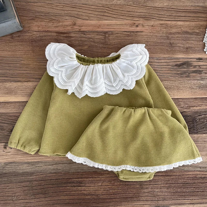 2024 New Autumn Newborn Baby Girls Clothing Set Long Sleeved Cotton Lace Patchwork Pullover+PP Shorts Children Clothes Suit