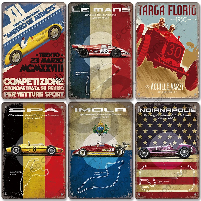 Plaque de voiture de course en métal, 18 panneaux, F1, piste de course, affiche vintage en métal, décor artistique mural pour garage, club de