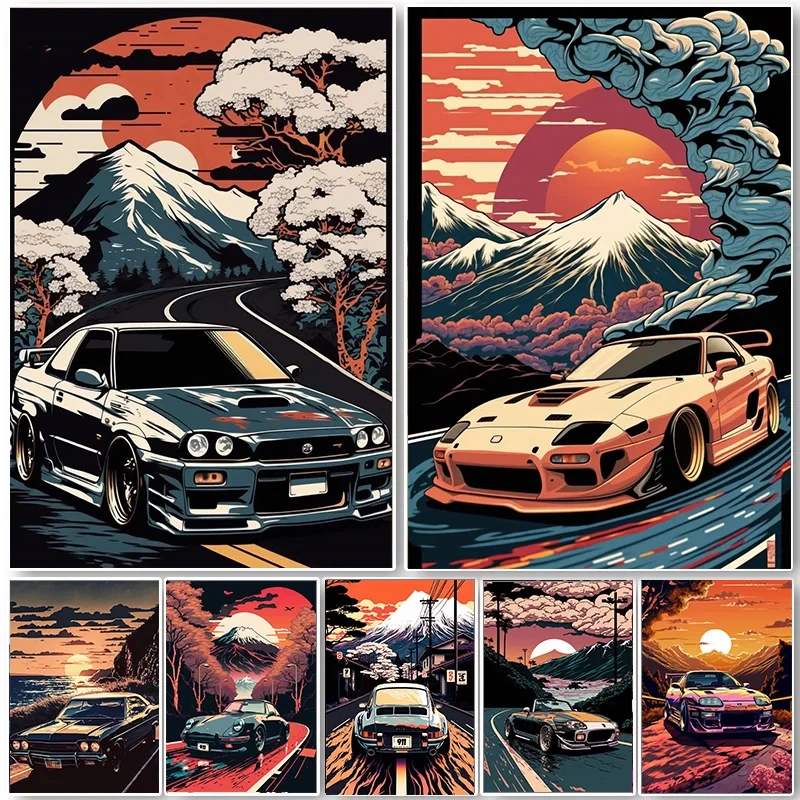 

80s Retro Car Japanese Landscape Poster Luxury Cars Canvas Painting Retro Car Wall Art Prints Picture Living Room Bedroom Decor