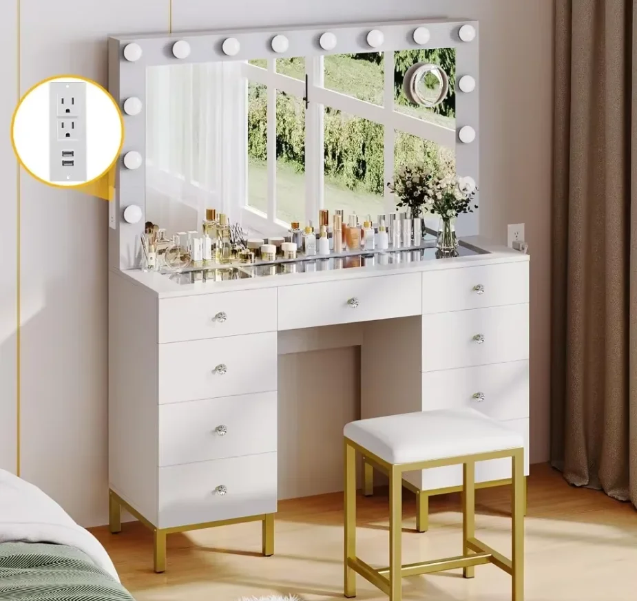 Large Glass Top Vanity Makeup Mirror Desk Crystal Handle 3 Color Lighting Modes 9 Drawers Magnifying Glass White Dresser Table