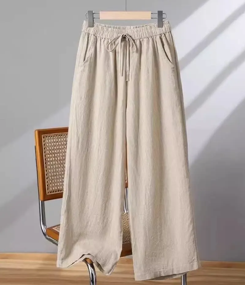 Casual Cotton Linen Wide Leg Pants High Waist Straight Cut Summer Thin Loose Drawstring Trousers for Women plus Size