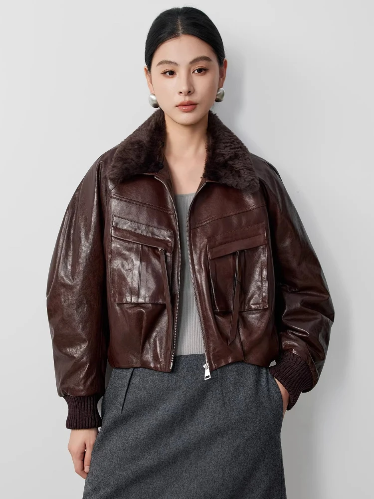 

Cropped Winter Genuine Leather Goose Down Jacket for Women 2026 New High-end Simple Natural Wool Collar Real Sheepskin Down Coat