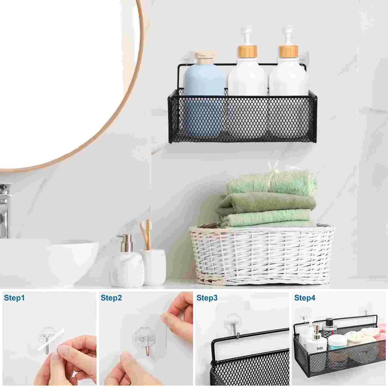 Wall Mount Storage Shelf Punch Free Bathroom Rack Wire Baskets Holder Kitchen Shelving Unit Wall Mounted Bracket Home Storage