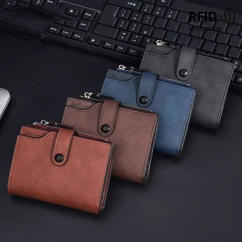 Cartera RFID de lujo de alta calidad para hombre, billeteras cortas de cuero PU para hombre, monedero con cerrojo y cremallera a la moda triple