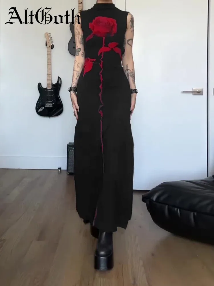 

AltGoth Vintage Dark Gothic Dress Women Aesthetic Fairycore Grunge Y2k E-girl Harajuku Rose Print Sleeveless Bodycon Midi Dress