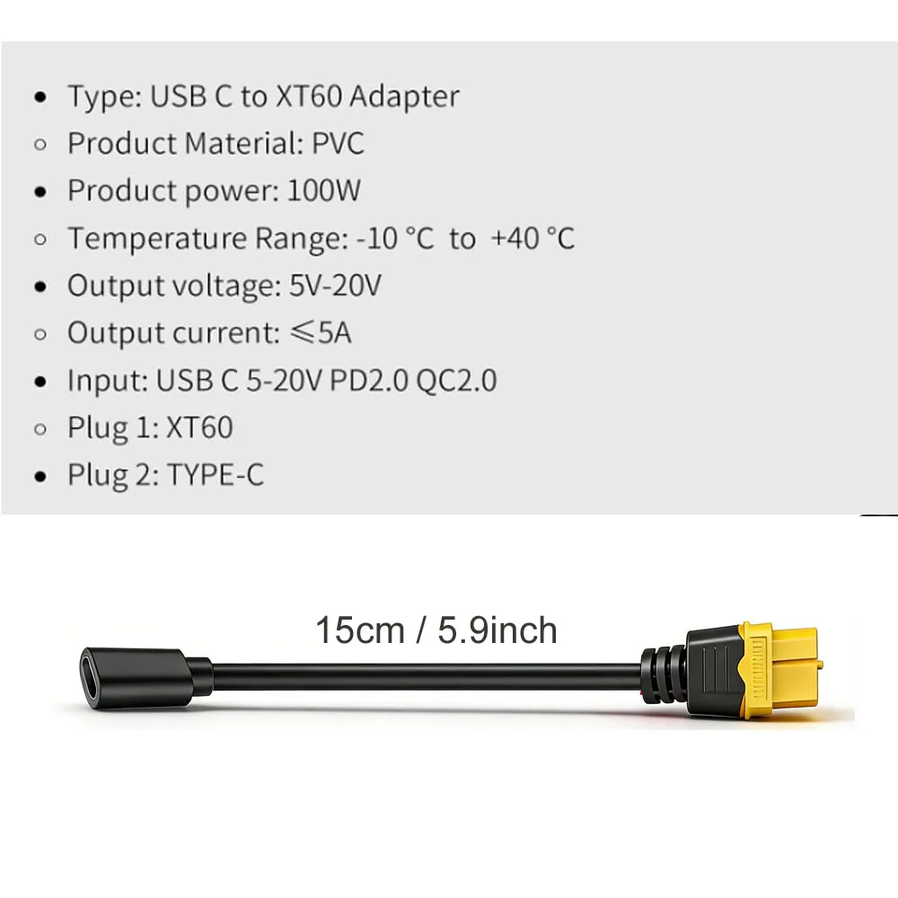 Type-C to XT60 Charging Cable PD 100W 20V/5A USB-C to XT60 Female Adapter for ToolkitRC Drone Model Energy Storage Power Charger