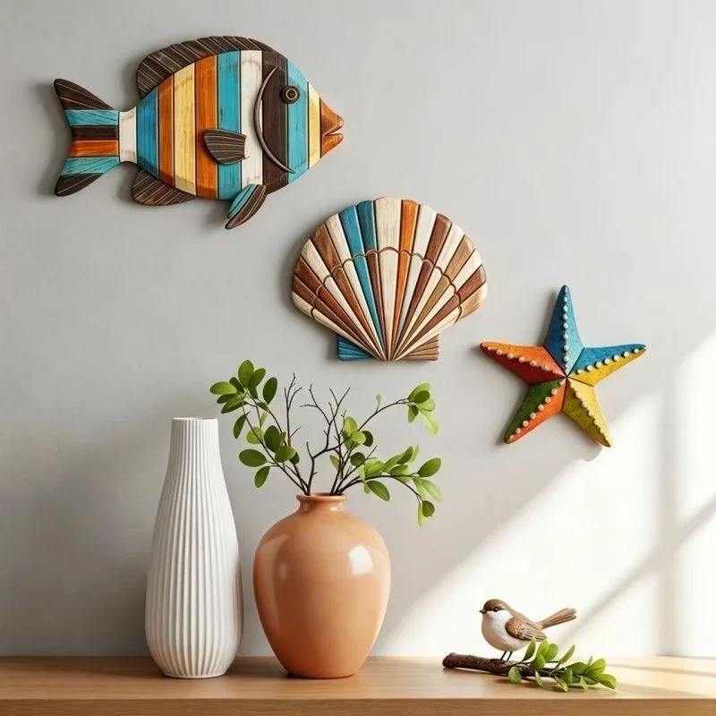 Coastal Wooden Wall Decor Set, Fish Shell Starfish Wood Wall Art, for Home Bedroom Living Room Decoration（3Pcs）.