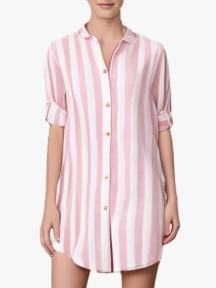 

Spring New Arrival Women Long-sleeved Cotton Linen Shirt Fashion Stripe Print Flip Collar Loose Casual Button Mid-length Blouse
