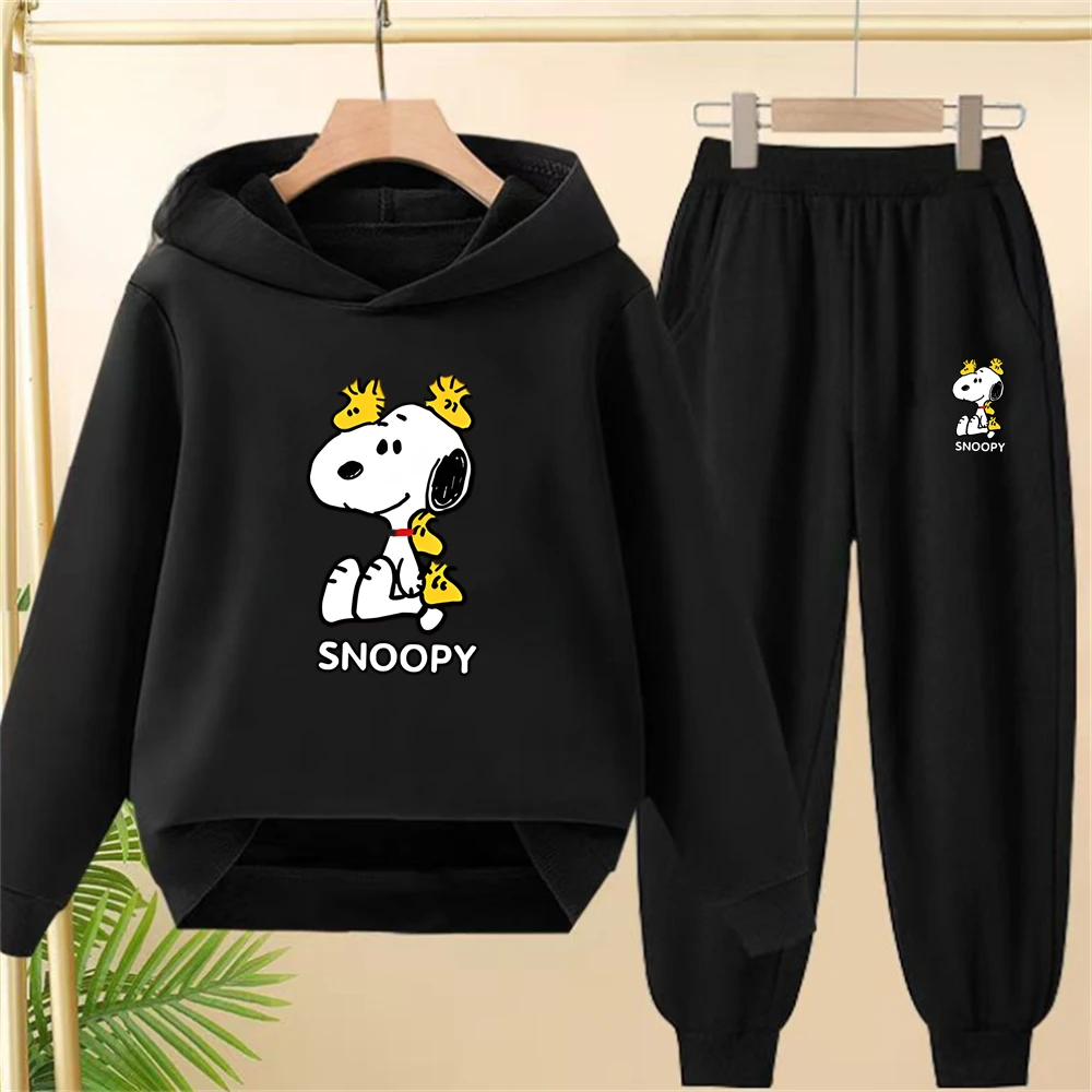 

Children Black Hoodie Snoopy Print Pullover Boys Girls 3-12Yrs Coat Sweatshirt+Pants Toddler Clothes Leisure Set autumn winter