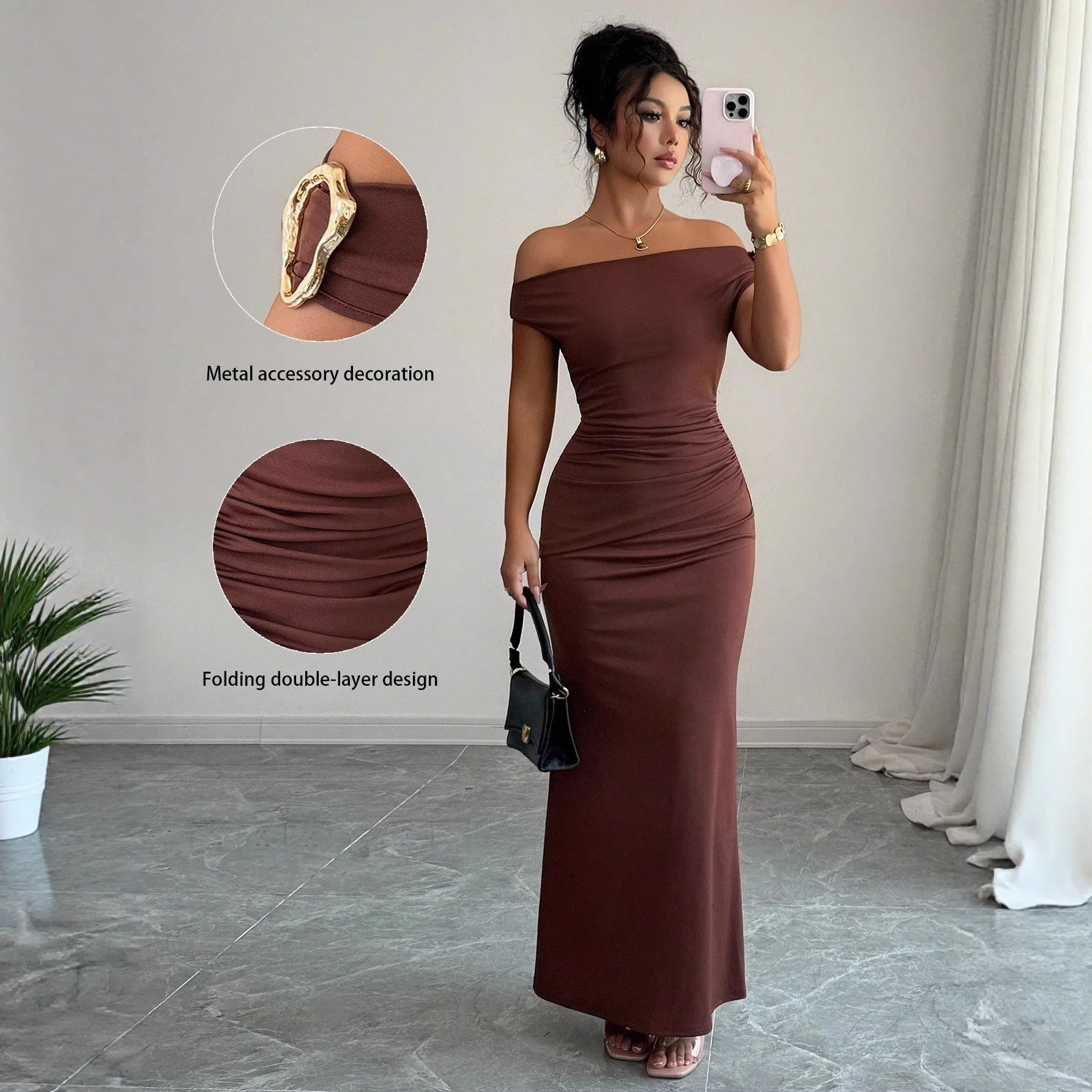 Elegant Party Dress Off Shoulder Square Neck Long Sleeve Dresses Ruched Waist Metal Buckle Evening Dress Deep Red Maxi Dress