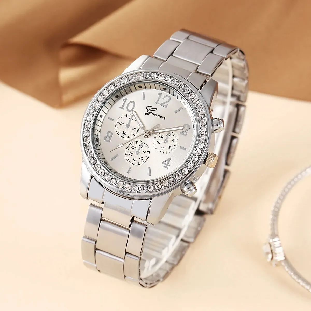 Alloy Girls Digital Analog Watch And Luxury Rhinestone Bracelet Set