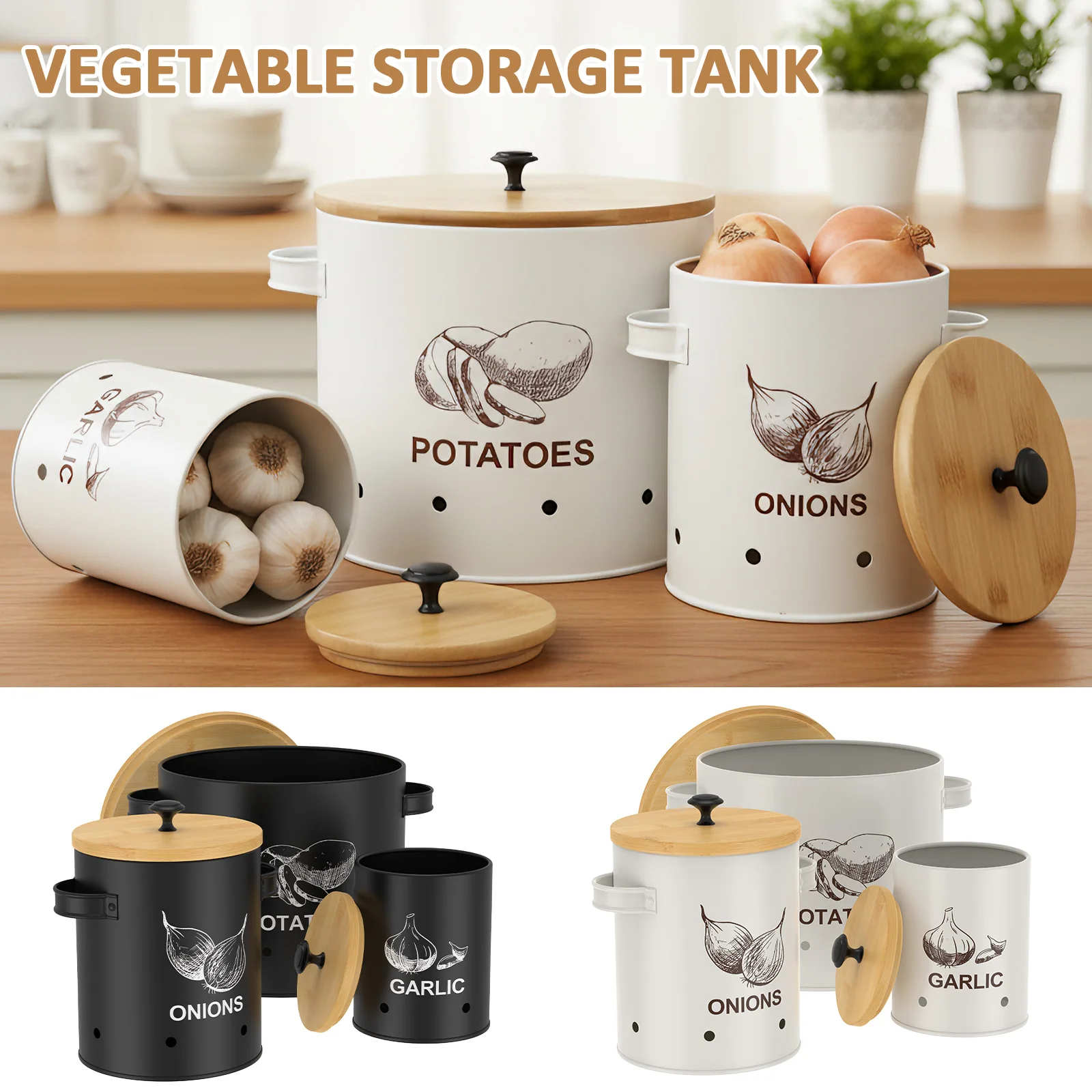 3-teiliges Gemüse-Aufbewahrungsdose für die Küchenarbeitsplatte mit Bambusdeckel, stapelbar, Kartoffeln, Zwiebeln, Knoblauch, Vorratsgläser-Set, Küchenkanister