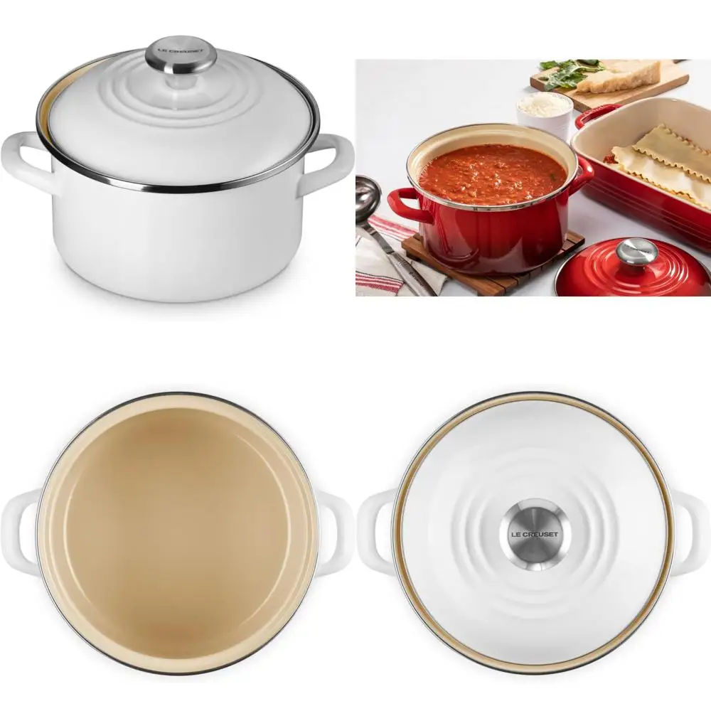 

Enamel Steel Petite Stockpot 3.8 Quart White Traditional Cooking Pot for Home Kitchen Use