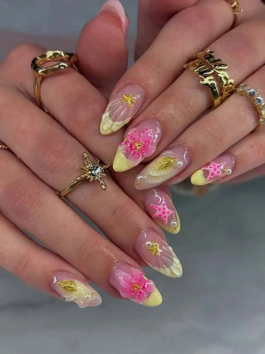 

24pcs/Set French Almond-Shaped Ocean Style Elegant 3D Starfish, Yellow Flower, Seashell, Pearl Decorated Sweet Press-On Full Cov