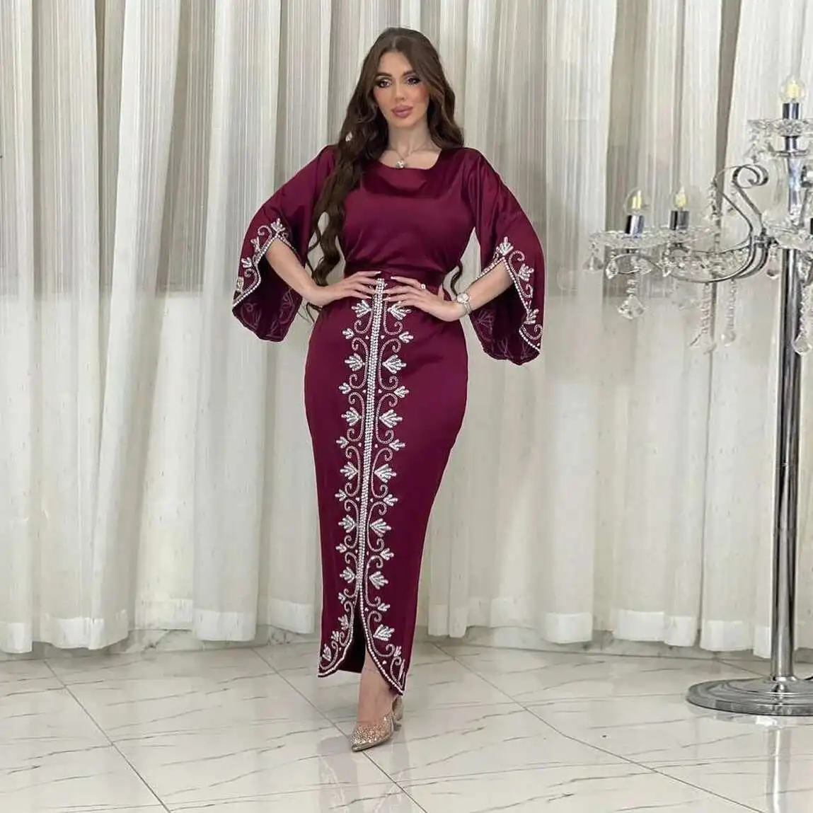 Dubai AB322 Robe Women's Dress Arab Fashion Diamond Embedding Soft Satin Evening Dress
