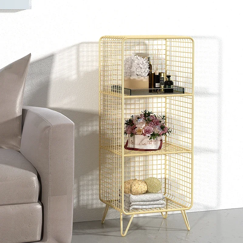 

Multi-Layer Storage Bookshelf Minimalist Bedside Corner Cabinet for Clothing Store Decoration Rack Light Luxury Grid Iron Rack