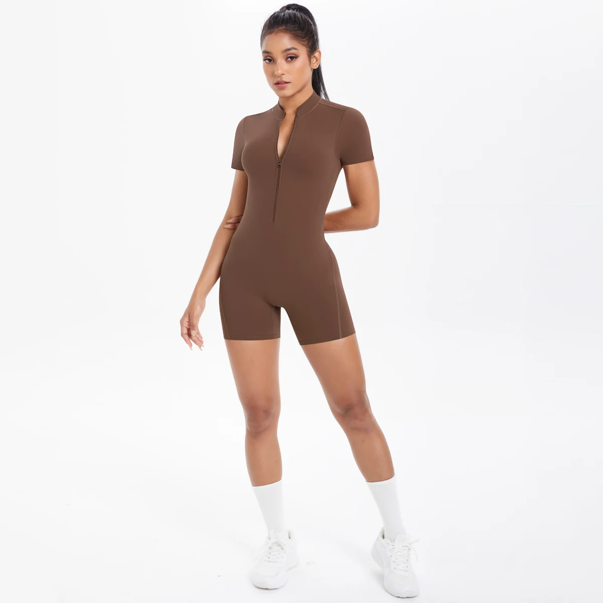 Ausgehöhlter, rückenfreier, kurzärmliger Reißverschluss-Overall für Damen, Overall, Yoga-Anzug, einteilige Legging, kurze Push-Up-Gymnastik-Yoga-Kleidung – Detail 24