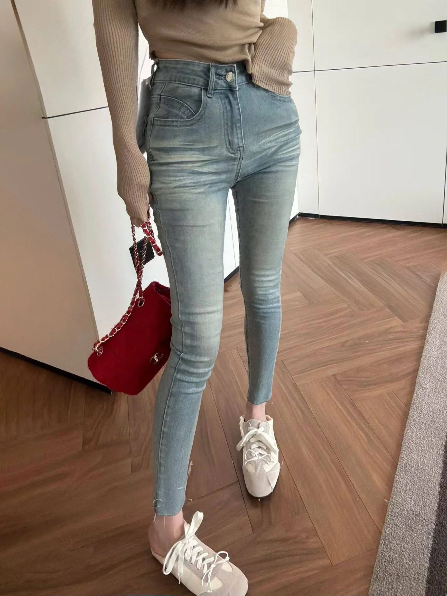 

High Waist Slim Fit Print Jeans Women's Spring Fashion Butt Lifting Cotton Stretch Denim Nine Pencil Pants Long Leg Illusion