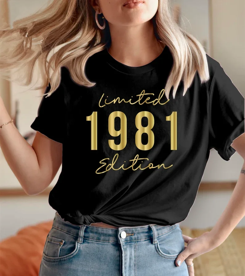 

LIMITED EDITION 1981 T-shirt, Retro Vintage Gift for Her 41th BIRTHDAY Funny Gift Present Gift for Him Birthday Tops Gold cotton