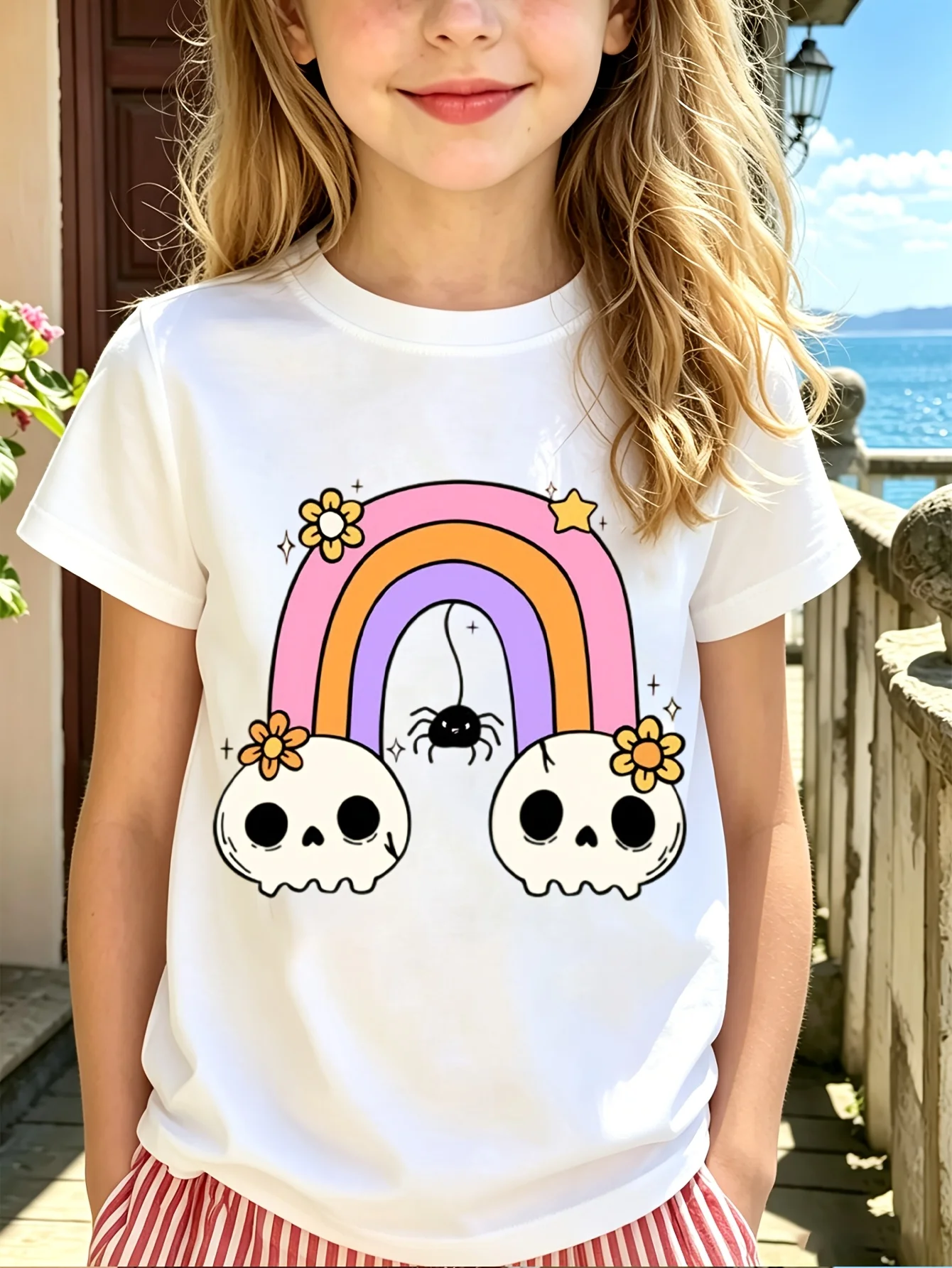 Family Matching T Shirt Cute Rainbow Skull Spider Cartoon Print Short Sleeve Cotton Tee For Boys Girls Kids Daily Casual Wear