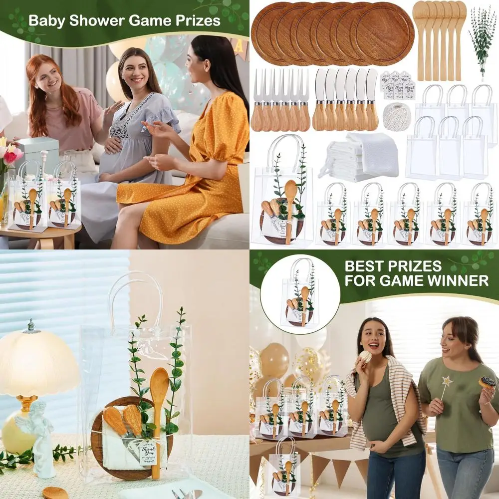 

6-Set Baby Shower Game Prizes: Cheese Boards, Utensils, Plaid Towels, Cards & Gift Bags