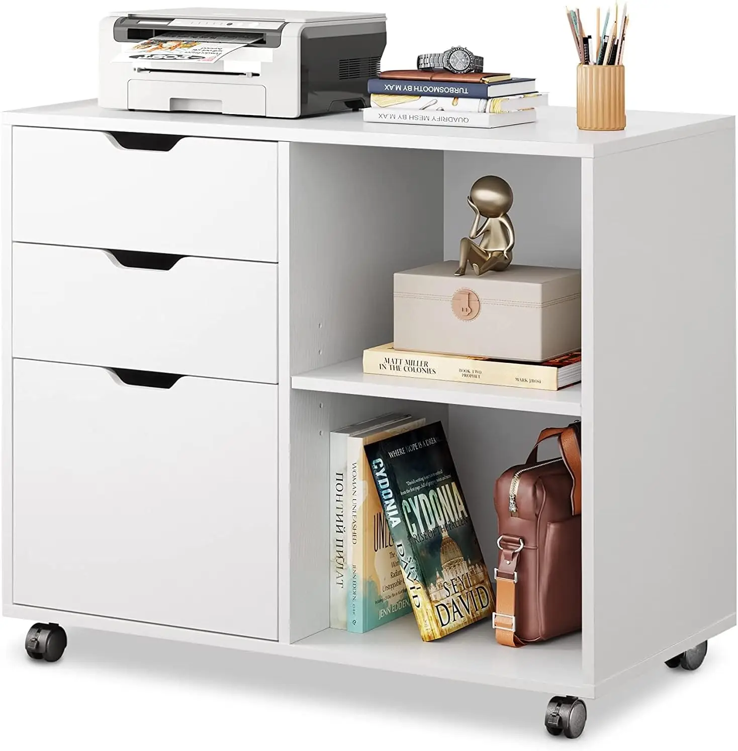 

3-Drawer Wood File Cabinet, Mobile Lateral Filing Cabinet, Printer Stand with Open Storage Shelves for Home Office, White