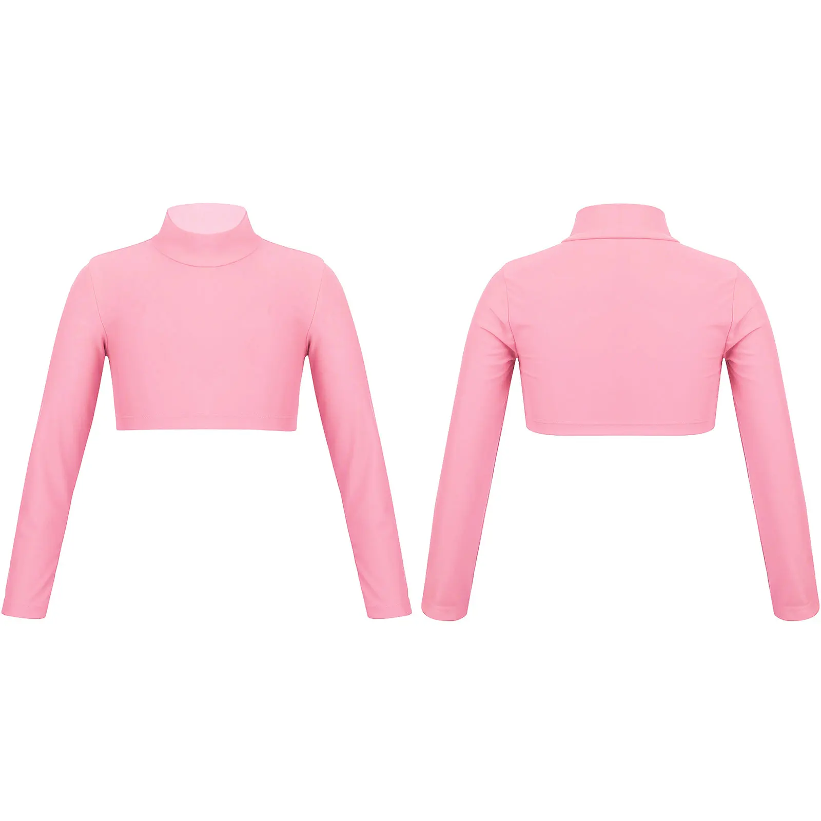 Lyrical Dance Tops for Kids Girls Shiny Rhinestones Crop Top Mock Neck Long Sleeve Keyhole Back Workout Yoga Athletic T-Shirts