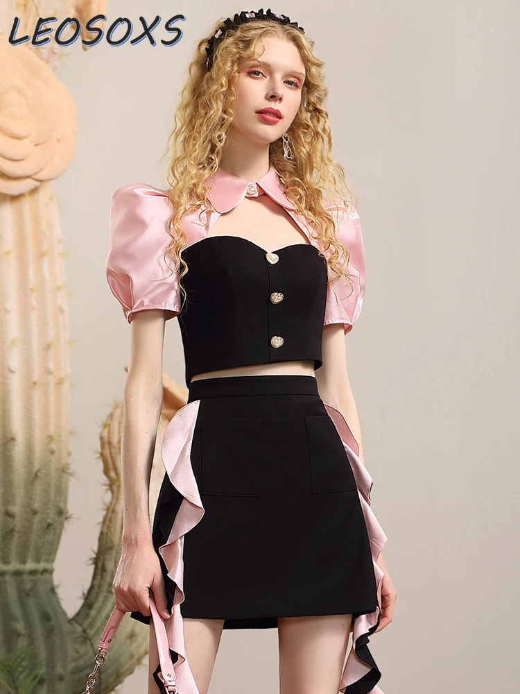 2024 Summer Skirt Suit Personality Hollow Out Polo Collar Cropped Short-Sleeved Top Wooden Ear Short Black Skirt Two-Piece Set