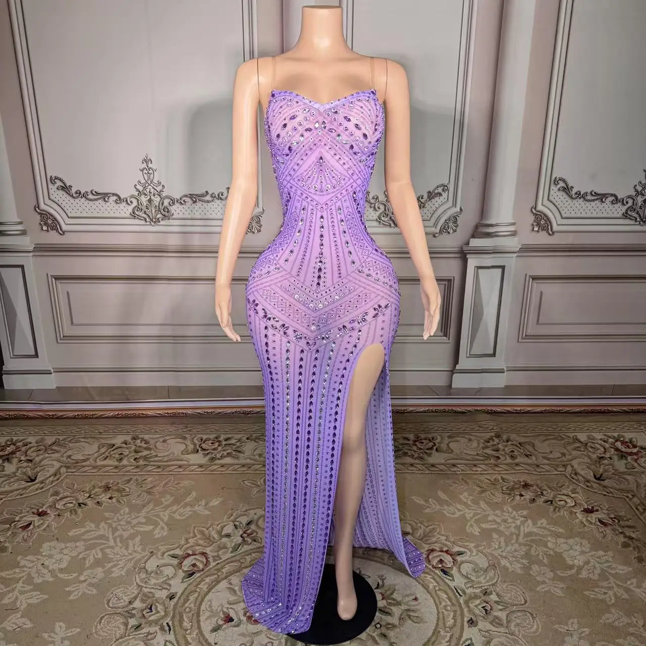 

Sexy Luxurious Rhinestones Mesh Transparent Sleeveless Long Dress Birthday Evening Prom Dresses for Women