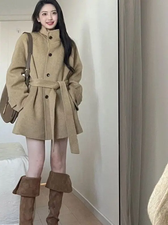 

Корейское шерстяное пальто-юбка с воротником-стойкой для женщин, осенне-зимняя рабочая одежда, маленький размер, с завышенной талией, цвет хаки