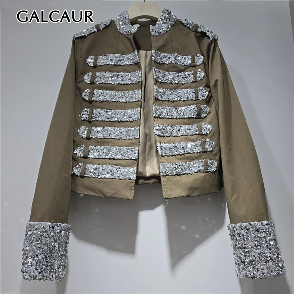 GALCAUR High Street Spliced Sequin Casual Jacket for Women Stand Neck Long Sleeve Solid Slimming Jackets Female Fashion Style