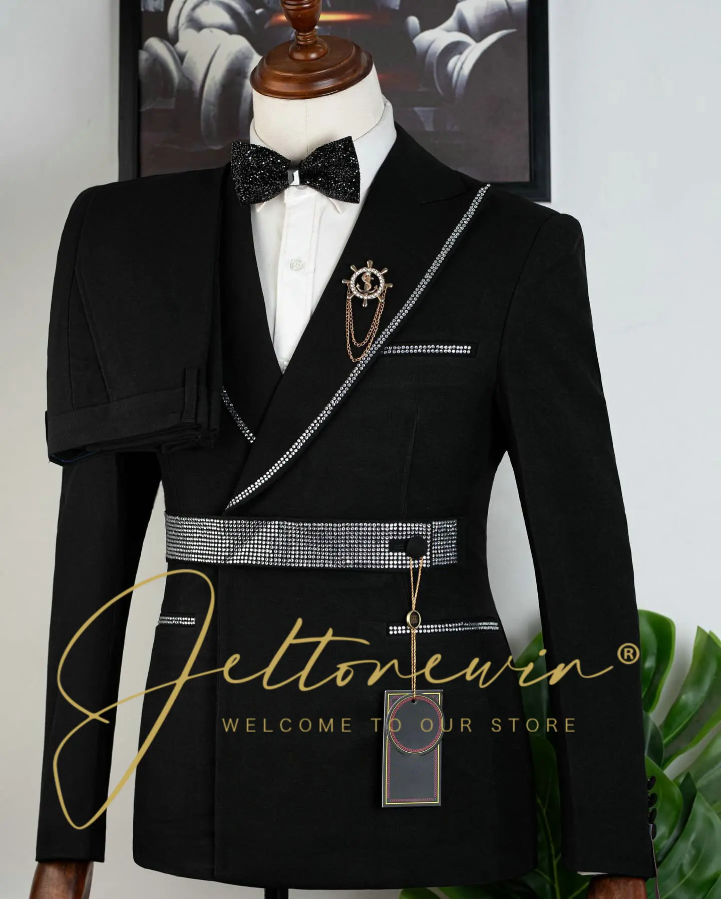 

Men's Black Double Breasted Suit with Rhinestone Trim Two Piece Set Slim Fit Formal Wear for Wedding Groom Stage Performance