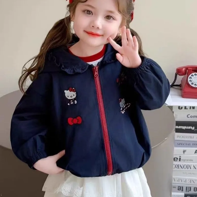 Kawaii Hello Kitty Sanrio Student Cute Cartoon Hooded Jacket Children Long Sleeve Warm Sports Clothes Windbreaker Coat for Kids