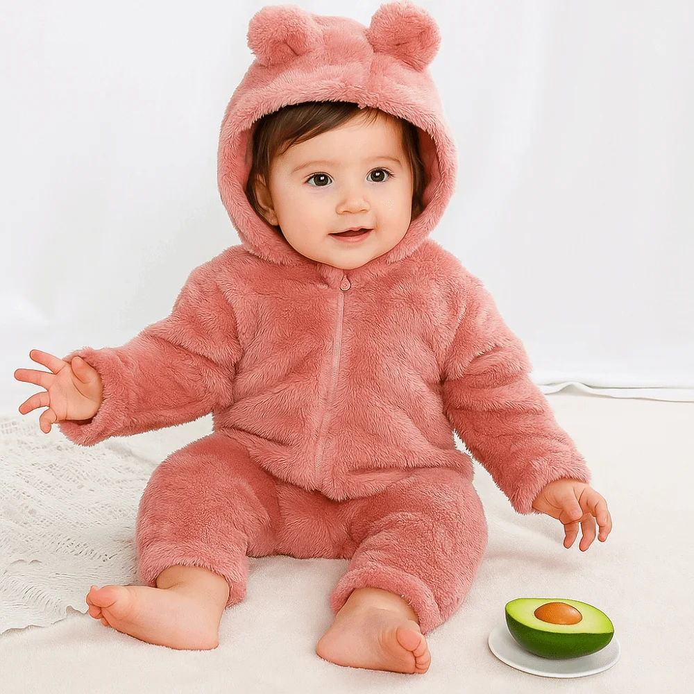 Kawaii Thick Warm Baby Rompers Coral Fleece Bear Shape Infant Jumpsuits Soft Velvet Hooded Zipper Newborn Pajamas 3-9 Months