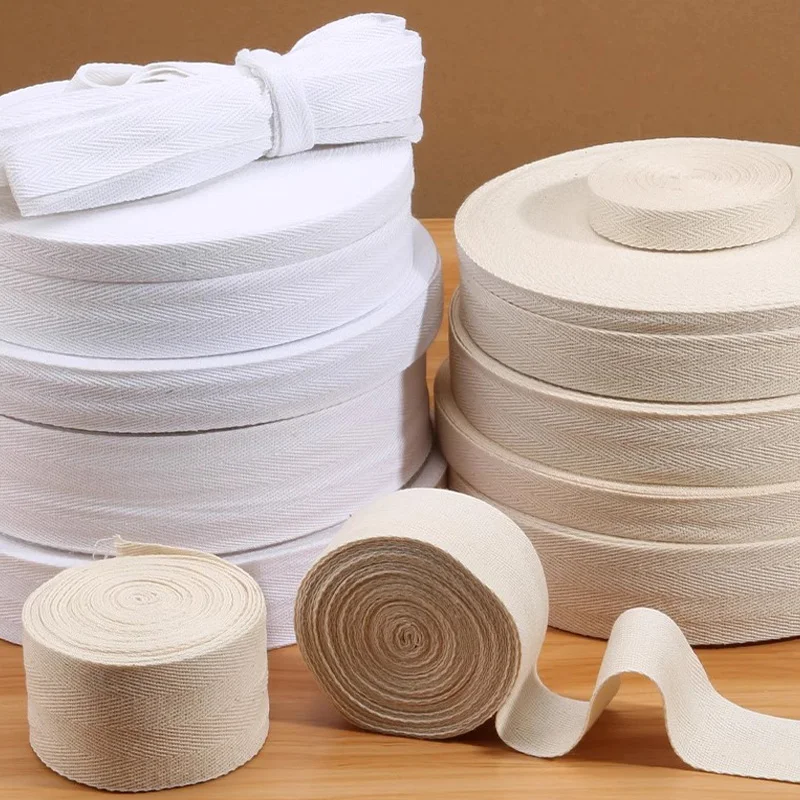 Cotton Woven Tape With Herringbone Pattern Edging Strip 10-60mm White Beige Twill Binding Ribbon Webbing Tape Sewing Supplies