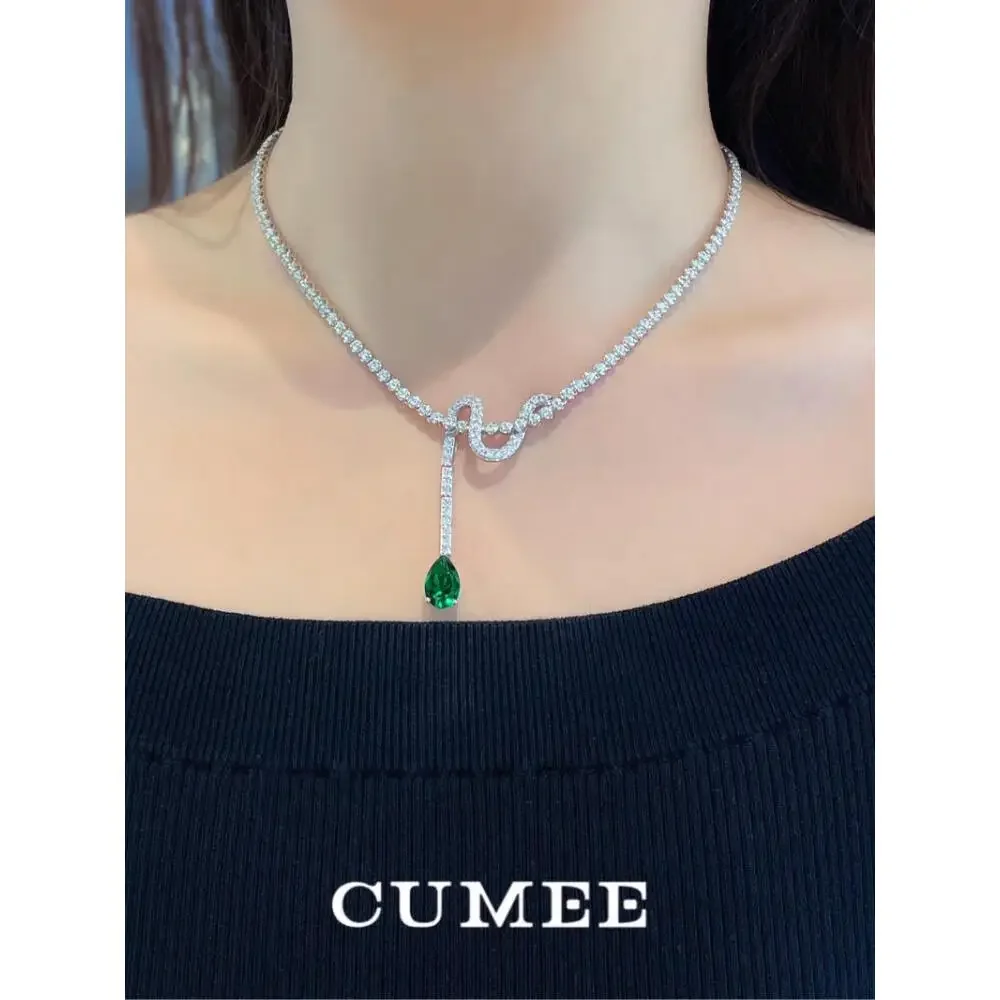 CUMEE 925 Sterling Silver Exquisite Versatile Green Pear Lab Created Emerald Necklace Women with Silver and Gold Plating