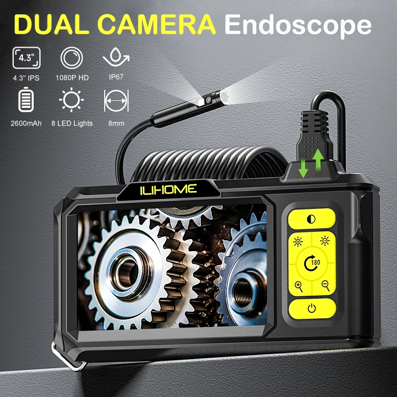 Dual Camera Inspection Endoscope 4.3''IPS Screen Borescope with Waterproof Lens 8LEDs Pipeline Maintenance with Portable Toolkit