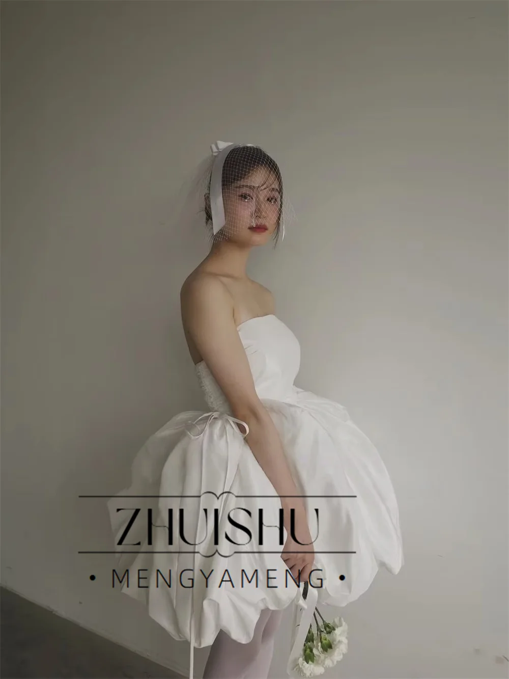 ZHUISHU Puffy Skirt Korea Wedding Dress Photo Shoot Simple A Line Mini Short Formal Party Reception Dresses Strapless ウェディ
