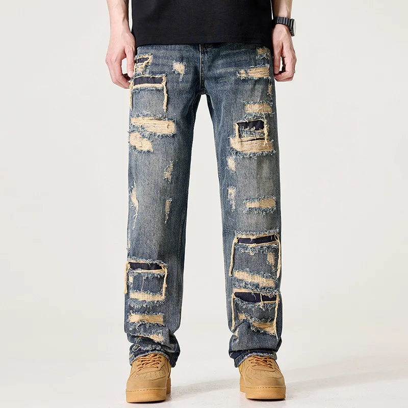 

Men Straight Distressed Jean Holes Ripped Jeans Ankle Length Trousers Loose Spliced Pockets Zipper Fly High Street Washed