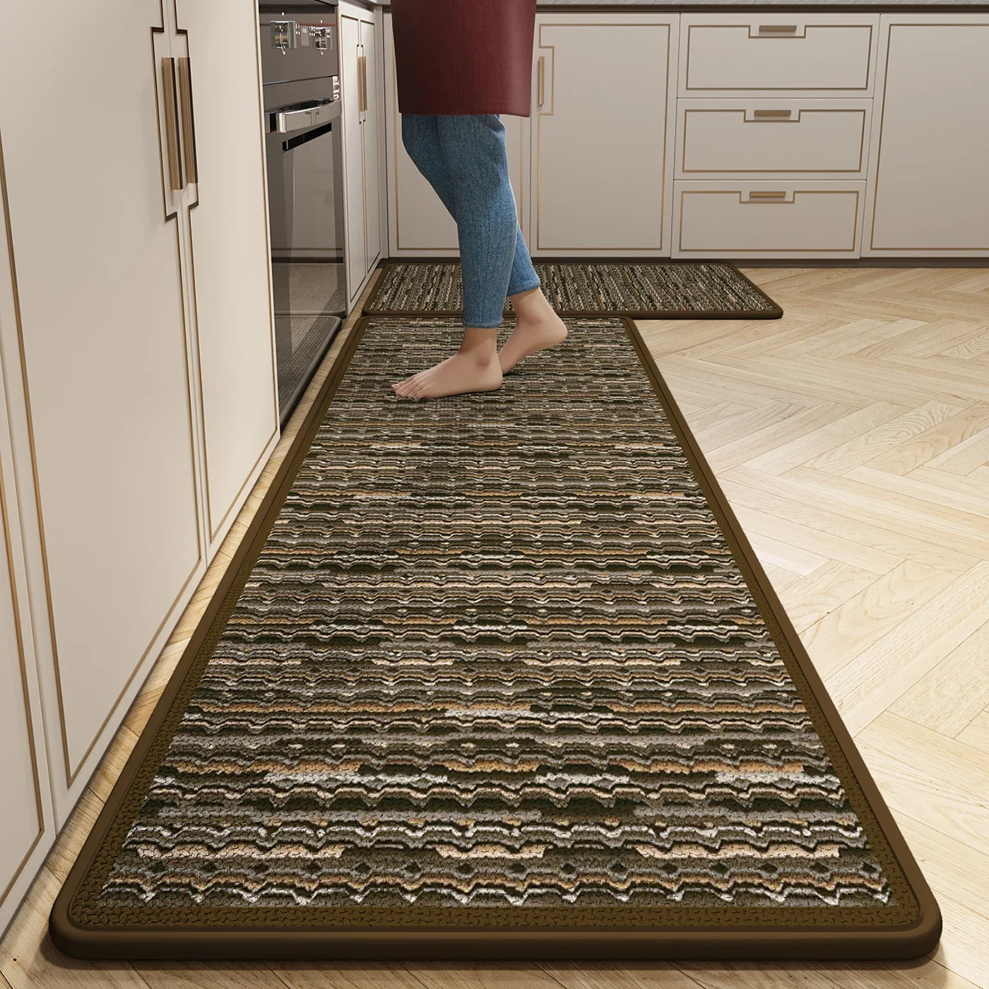 Oil & Water Absorbent Kitchen Mat, Vintage Style Linen Weave Runner, Long Durable Stain Resistant Rug, Non-Slip Rubber Backing