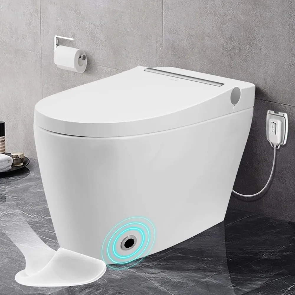 Heated seat intelligent toilet, automatic flushing without seat and water tank toilet, foot sensing flushing, blue night light