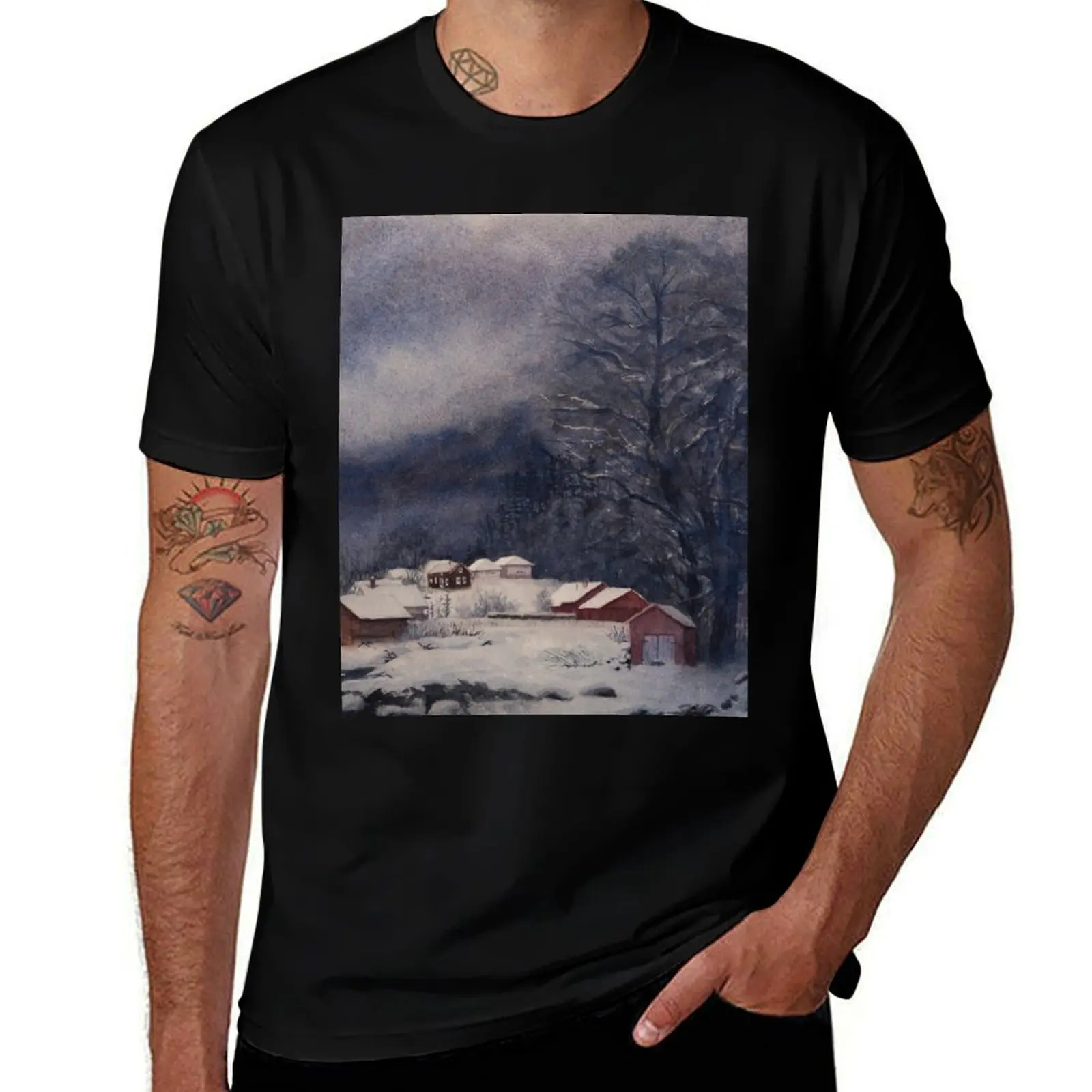 Dark Winter Silence, houses covered by snow on the coast. Watercolour landscape T-Shirt