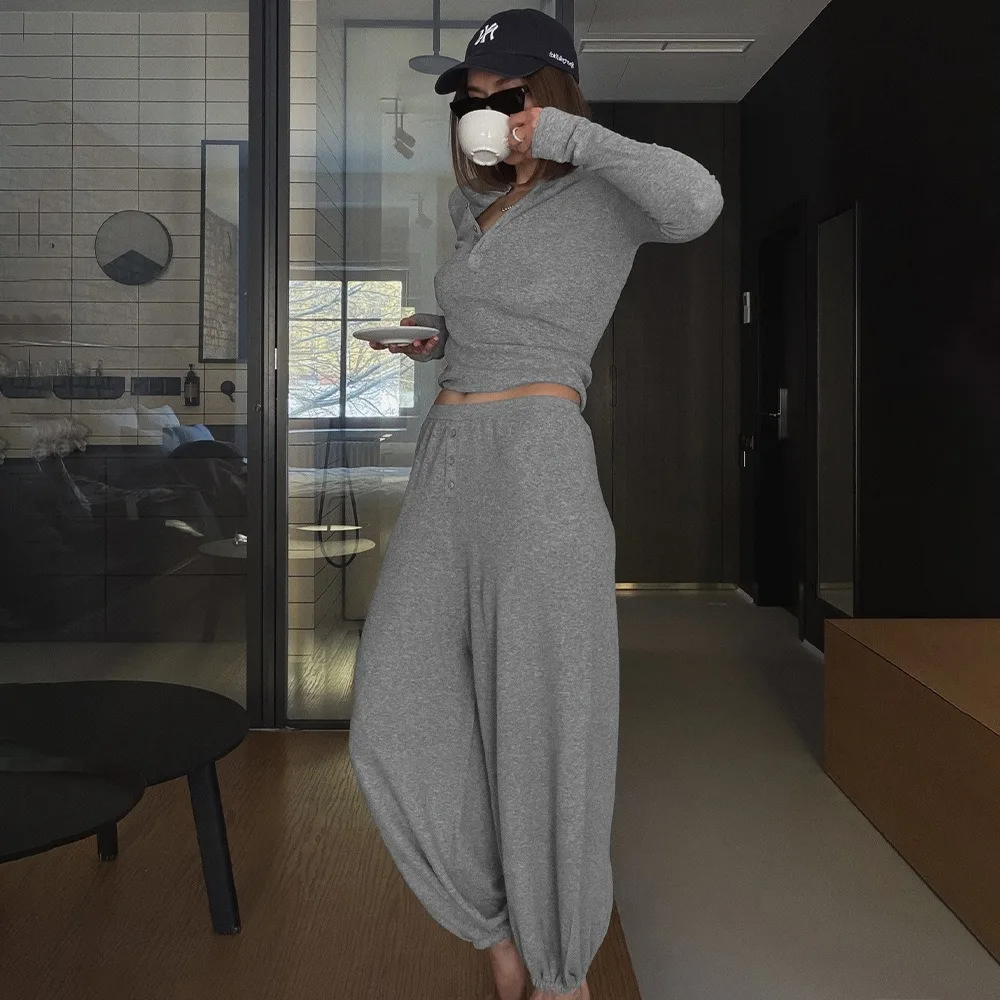 Lazy Wind Suit 2026 Spring and Summer New Henry Collar Short Casual Top Leggings Two-piece Set with Unique Texture Fashionable