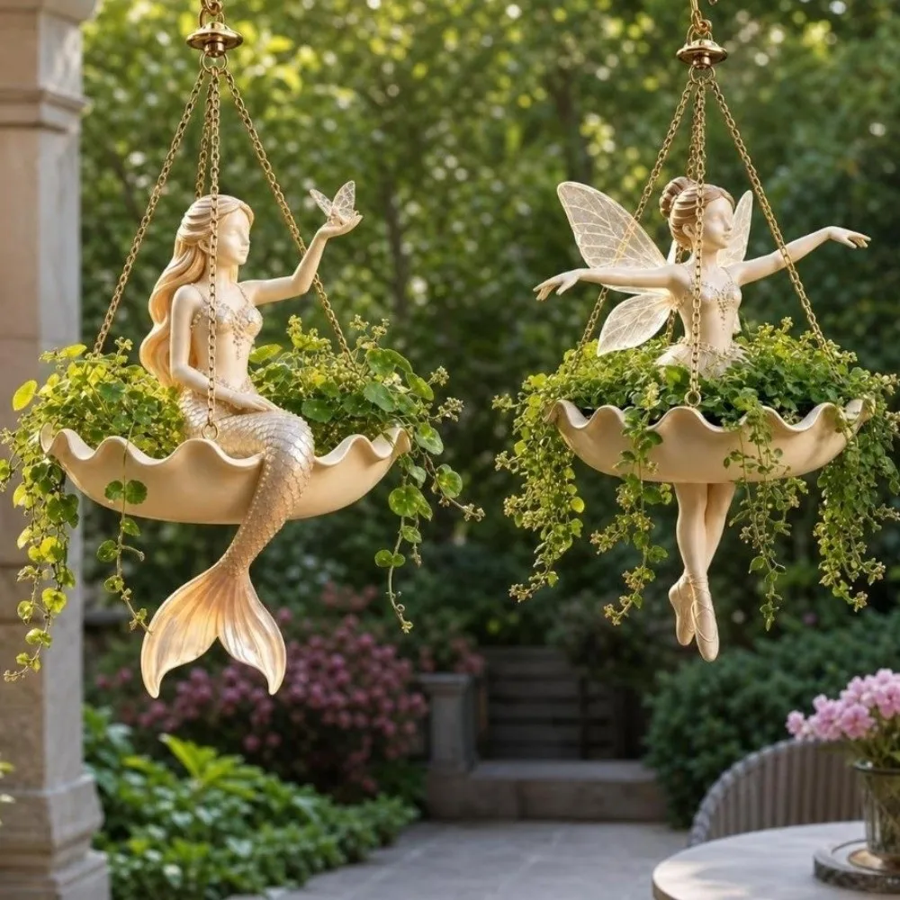 Resin Ballet Dancer Hanging Planter Vintage UV Resistant Fairy Flower Pot Creative Decorative Statue Flower Container