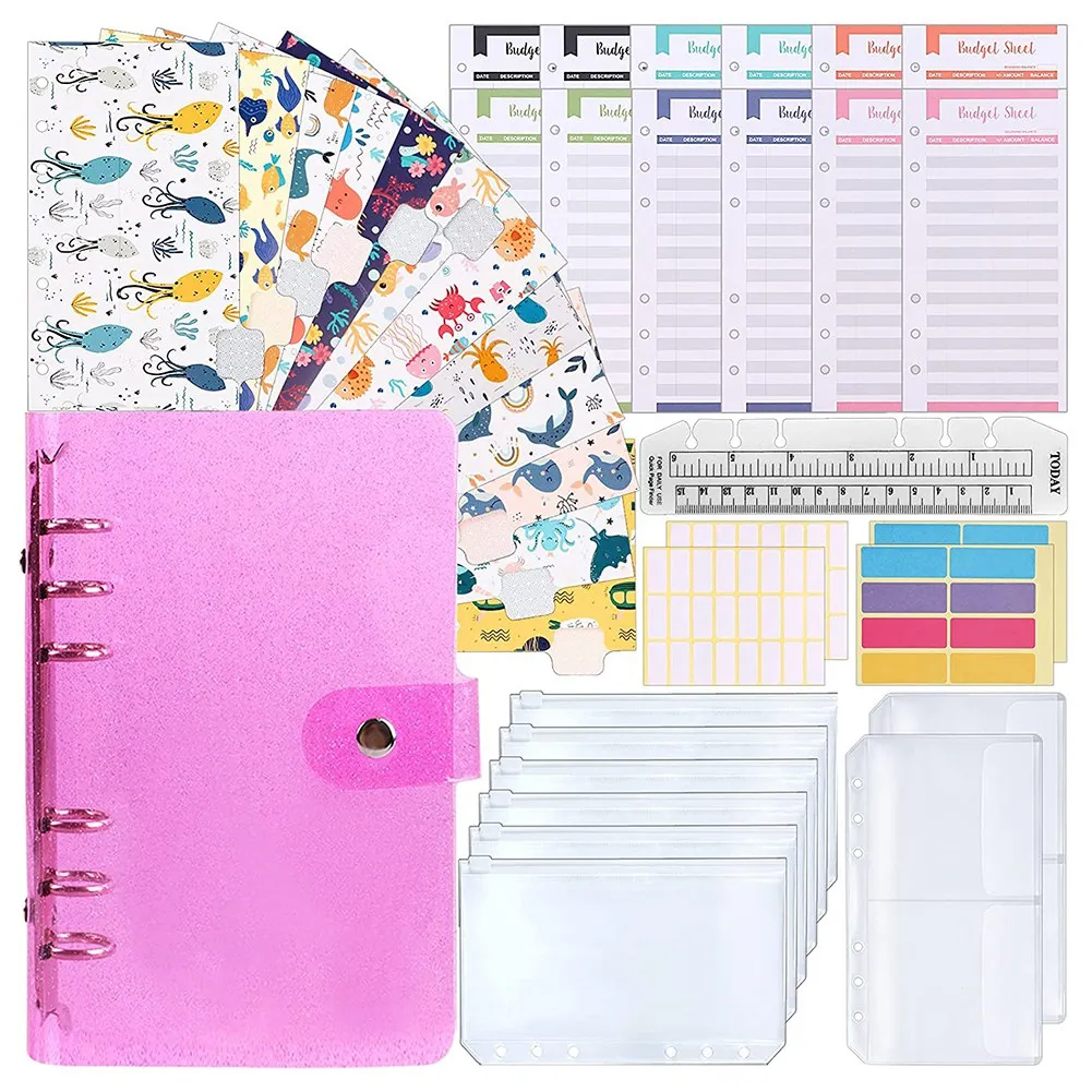 

A6 PVC Binder Cover,Budget Envelope, Storage Card Bags,Blank Stickers for 6-Ring Cash Envelopes,Daily Money Planner B