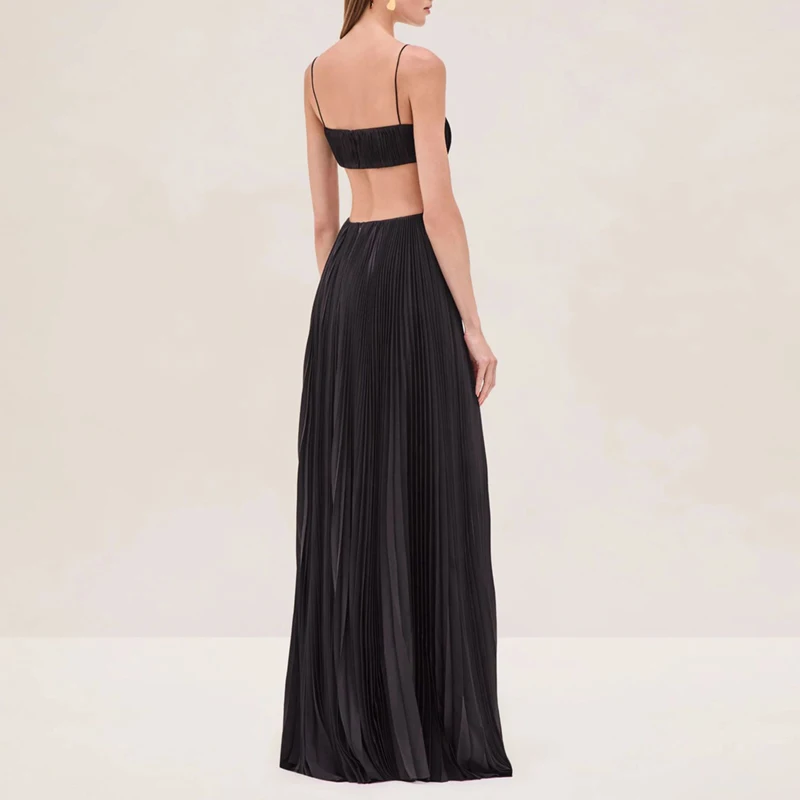 Sexy High Waist Hollow Sling Womens Dress Fashion Boho Pleated A-Line Maxi Dresses Vacation Sleeveless Backless Solid Prom Dress