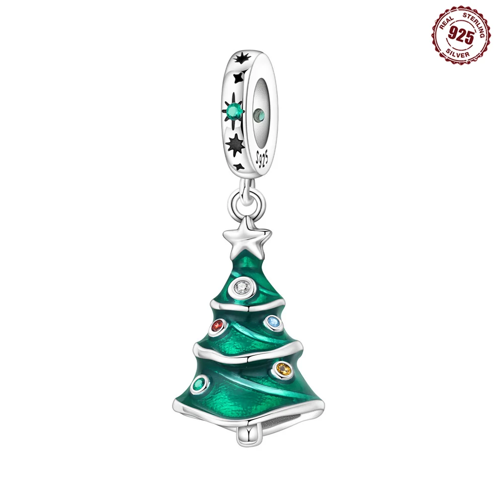 S925 Sterling Silver Christmas Tree Dangle Charm Green Xmas Bead Symbol of Hope & Holiday Blessing Fit Bracelet Christmas Gift
